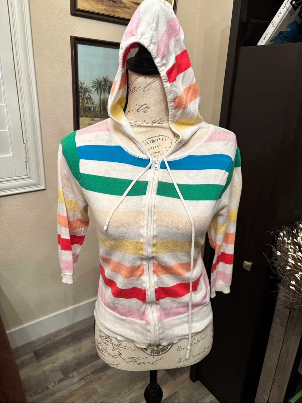 Love Striped Hooded Zip Sweater - White, Blue, Green, Pink, Red, Orange, Yellow